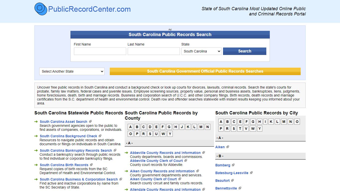 South Carolina Free Public Records, Criminal Records And Background Search